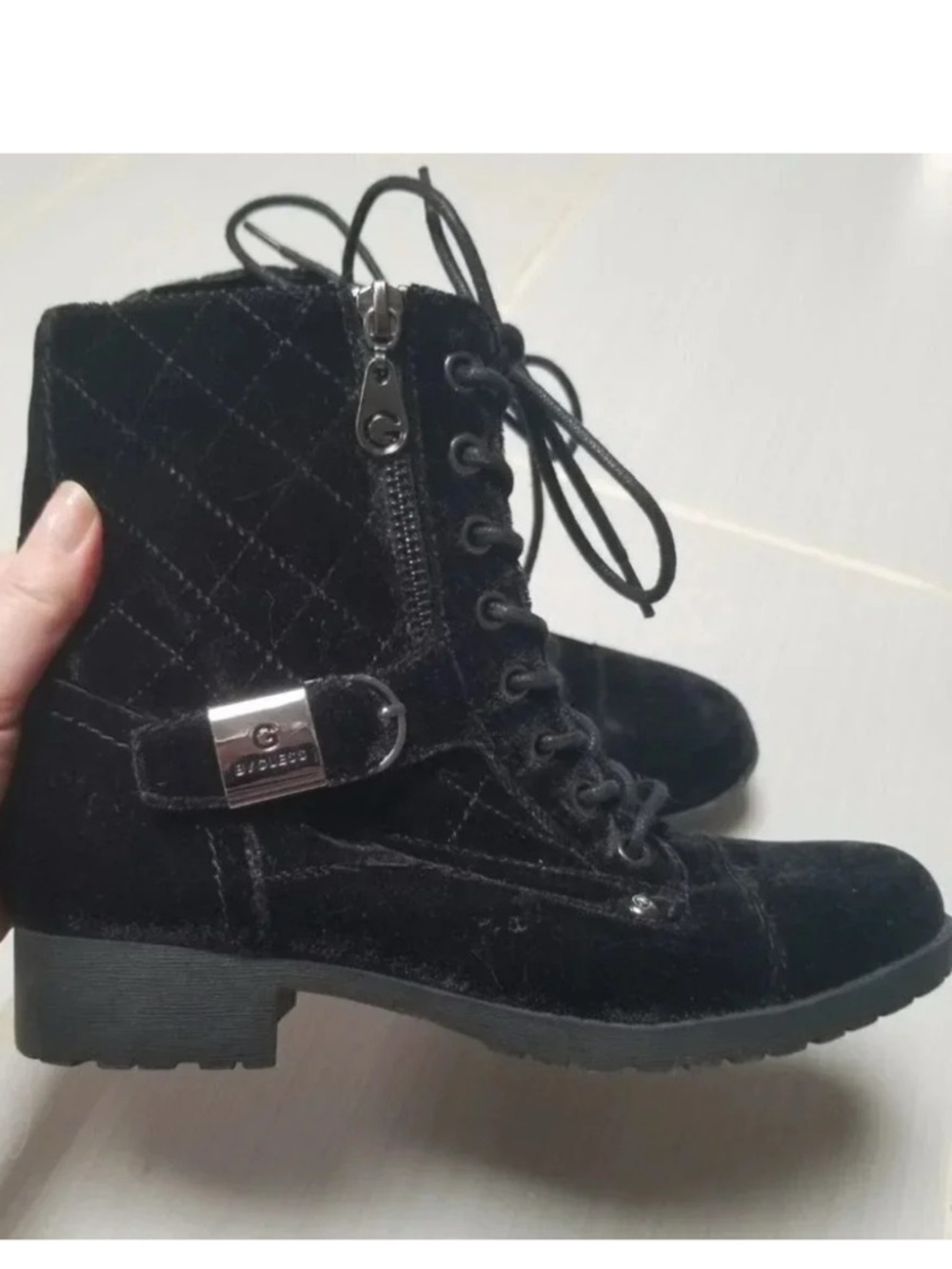 G by Guess Black Velvet Quilted Combat Boots 6